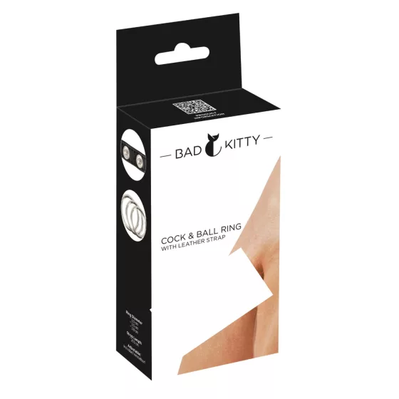 Bad Kitty - kožený erekční kroužek na penis a varlata - černý