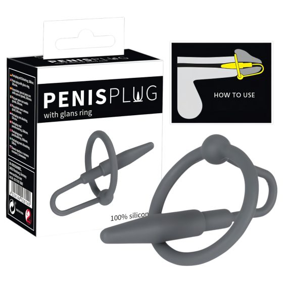 Penisplug - silikonový žaludeční kroužek s uretrálním kuželem (šedý)