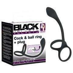   Black Velvet - tenký anál dildo s erekčním kroužkem na penis a varlata (černý)