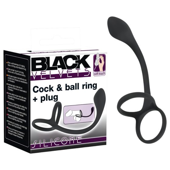 Black Velvet - tenký anál dildo s erekčním kroužkem na penis a varlata (černý)