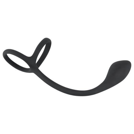 Black Velvet - tenký anál dildo s erekčním kroužkem na penis a varlata (černý)