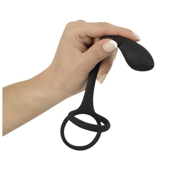 Black Velvet - tenký anál dildo s erekčním kroužkem na penis a varlata (černý)