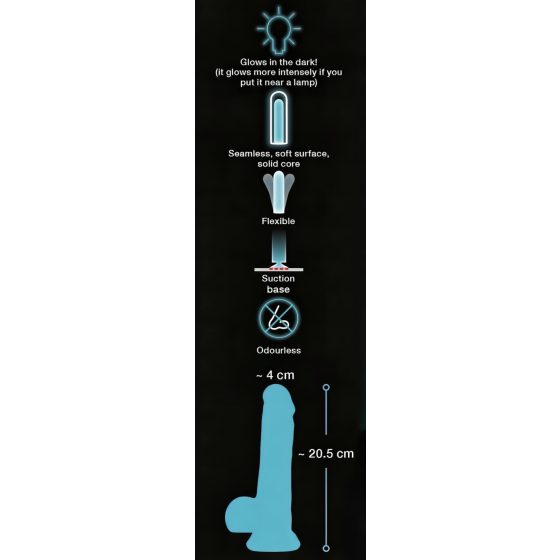You2Toys Glow in the Dark - přísavkový, svítící dildo (modrý)