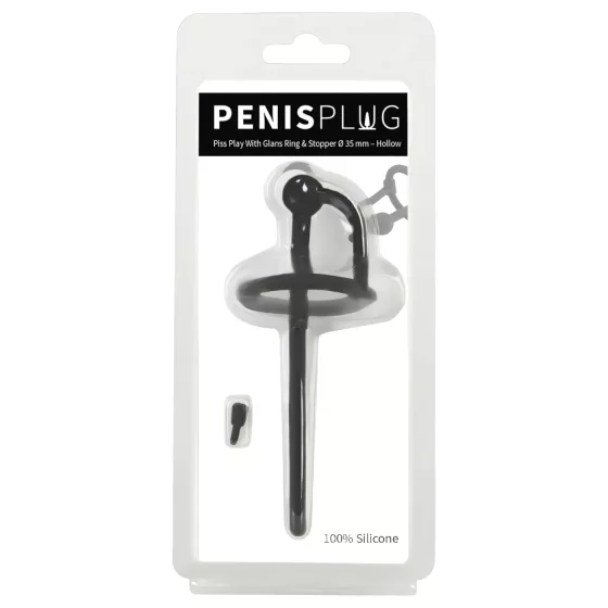 Penisplug - dilatátor na penis se silikonovým kroužkem na žalud - černý