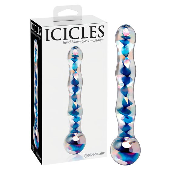 Icicles No. 08 - vlnitý, oboustranný, skleněný dildo (průhledný modrý)