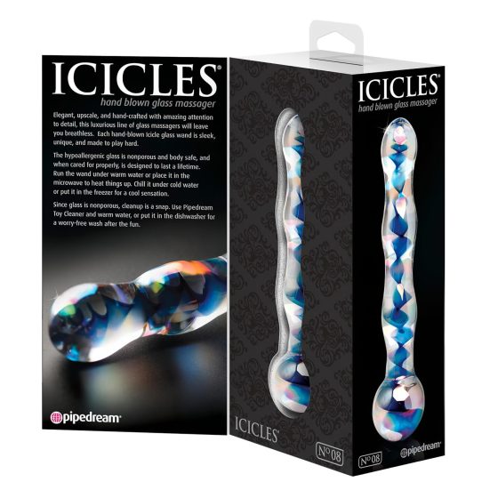 Icicles No. 08 - vlnitý, oboustranný, skleněný dildo (průhledný modrý)