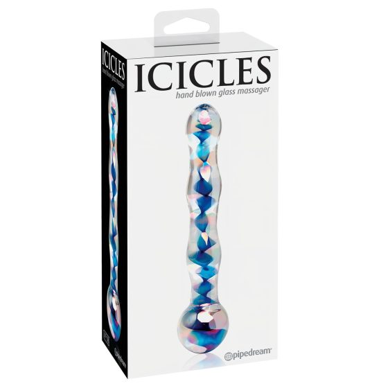 Icicles No. 08 - vlnitý, oboustranný, skleněný dildo (průhledný modrý)