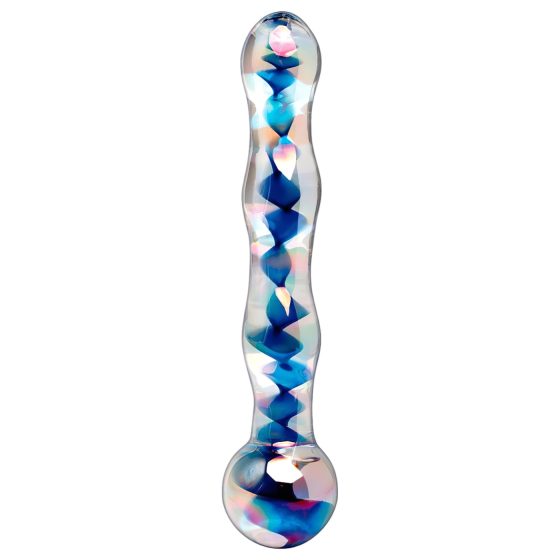 Icicles No. 08 - vlnitý, oboustranný, skleněný dildo (průhledný modrý)