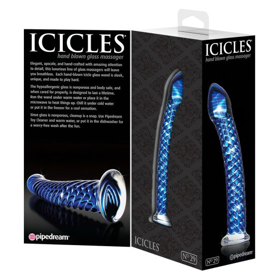 Icicles No. 29 - spirálový, skleněný dildo na penis (modrý)