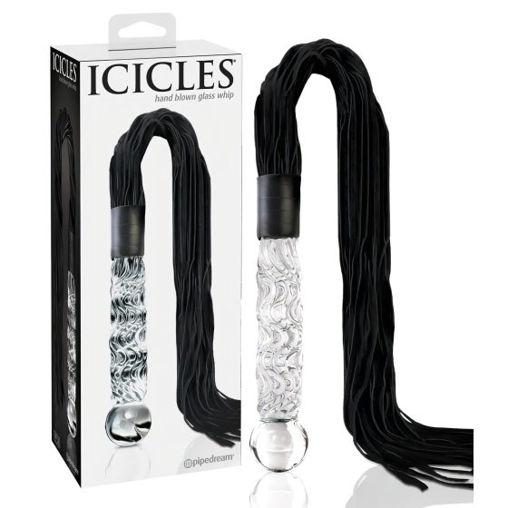 Icicles No. 38 - kožený bičík a skleněné dildo (průhledné-černé)