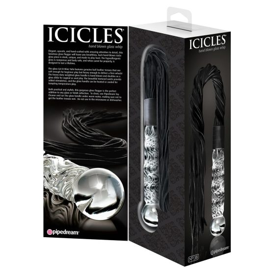 Icicles No. 38 - kožený bičík a skleněné dildo (průhledné-černé)