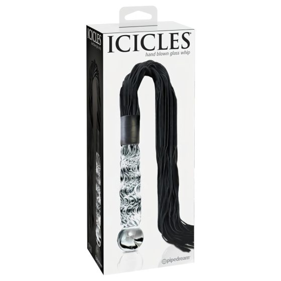 Icicles No. 38 - kožený bičík a skleněné dildo (průhledné-černé)