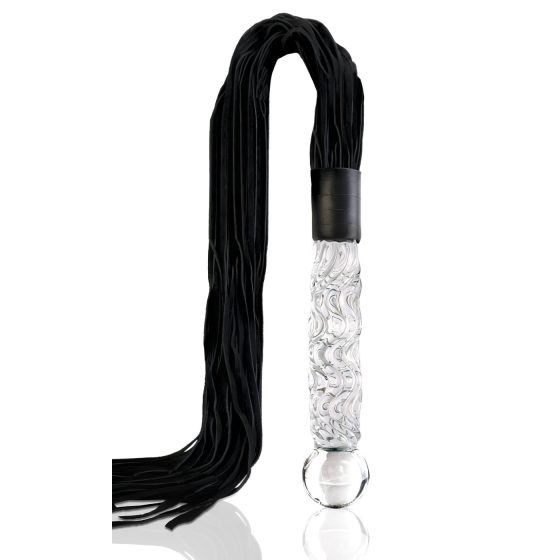 Icicles No. 38 - kožený bičík a skleněné dildo (průhledné-černé)