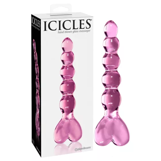 Icicles No. 43 - skleněné dildo s korálky a srdcem - růžové