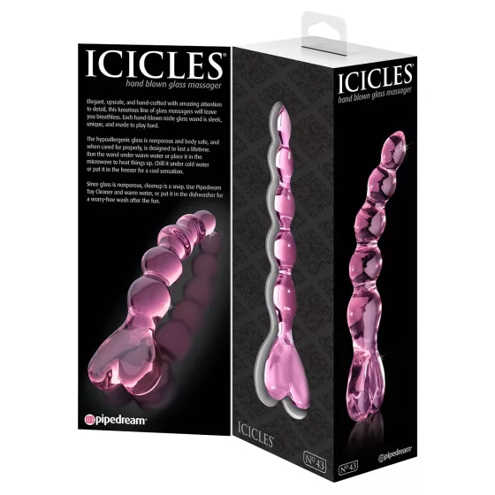 Icicles No. 43 - skleněné dildo s korálky a srdcem - růžové