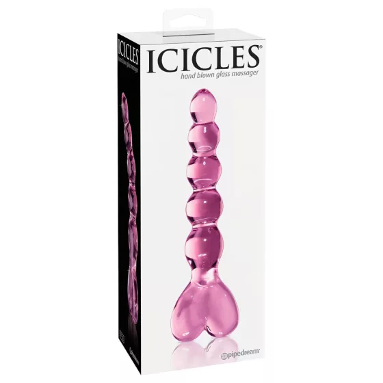 Icicles No. 43 - skleněné dildo s korálky a srdcem - růžové