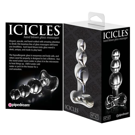 Icicles No. 47 - anální skleněný kolík s třemi kuličkami - čirý