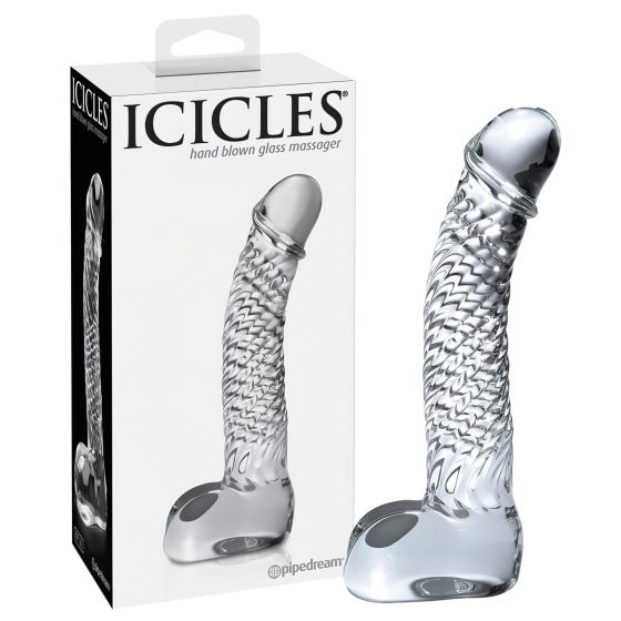 Icicles No. 61 - skleněné dildo s varlaty a penisem - čiré