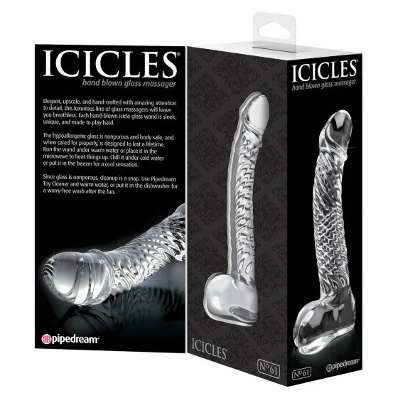 Icicles No. 61 - skleněné dildo s varlaty a penisem - čiré