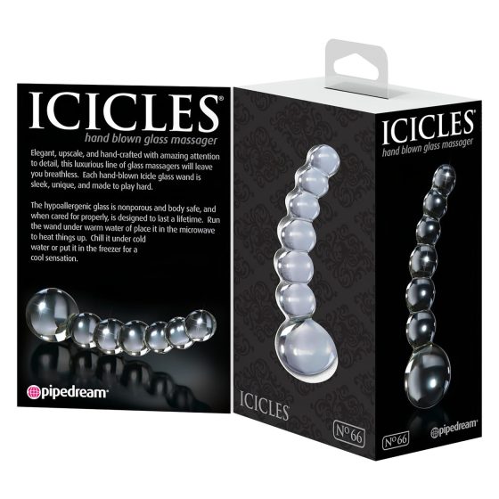 Icicles No. 66 - skleněné dildo - zahnuté, s kuličkami - čiré