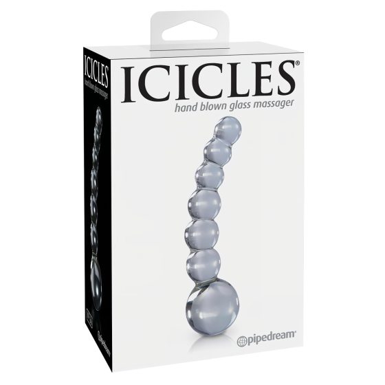 Icicles No. 66 - skleněné dildo - zahnuté, s kuličkami - čiré