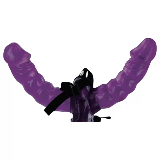 Fetish - nasazovací dvojité dildo s postrojem (černo‑fialové)