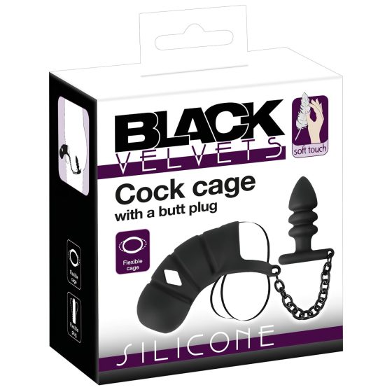 Black Velvet - silikonový penisový klec s análním plugem (černá)