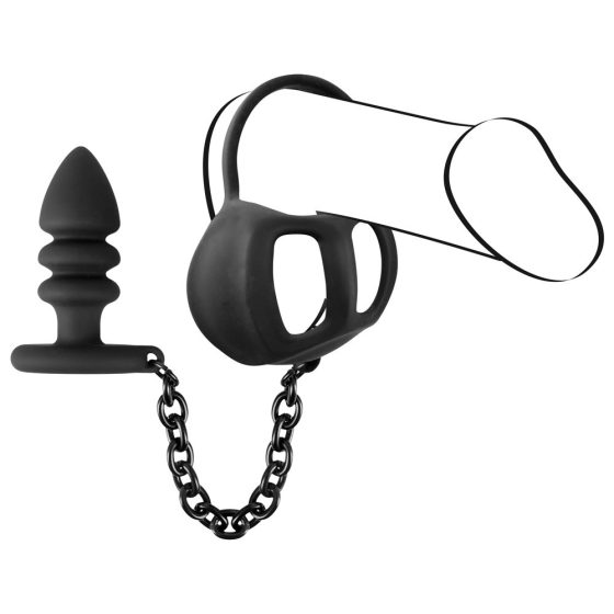 Black Velvet - silikonová klec na varlata s análním dildem (černá)