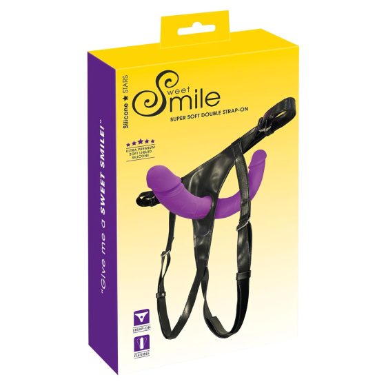 SMILE - dvojitý připínací dildo s kalhotkami (fialovo-černý)