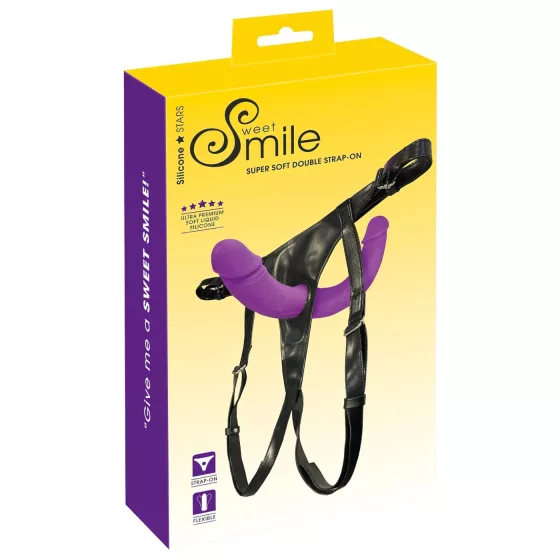 SMILE - nasazovací dvojité dildo s kalhotkami - silikon fialovo-černé