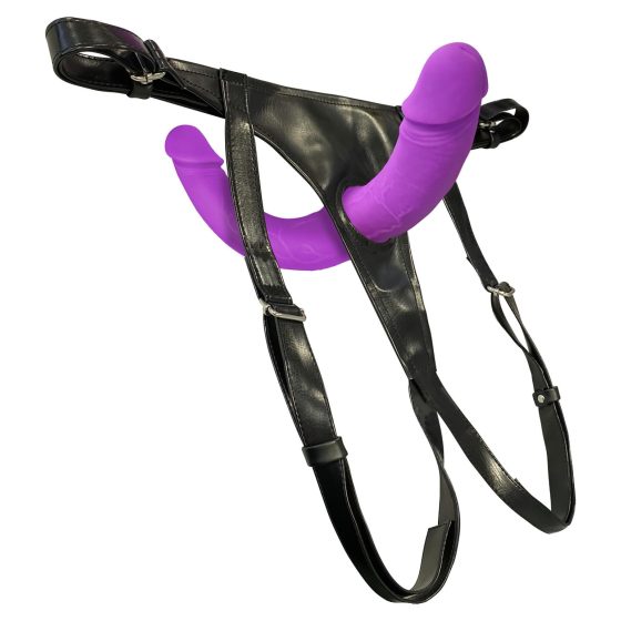 SMILE - dvojitý připínací dildo s kalhotkami (fialovo-černý)