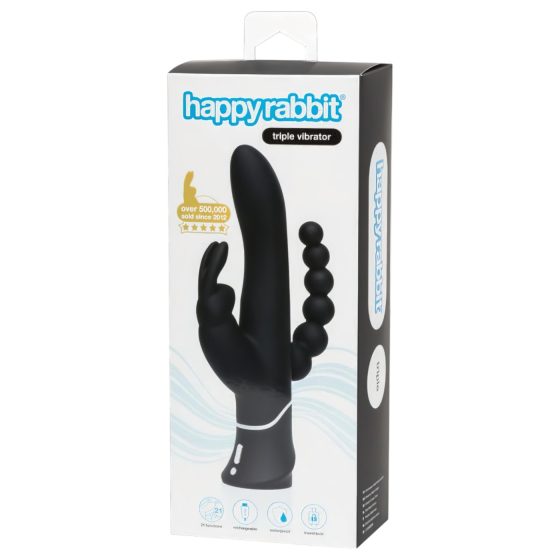 Happyrabbit Triple - akumulátorový stimulátor klitorisu a anální vibrátor (černý)