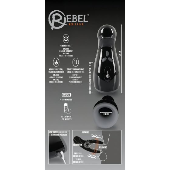 Rebel - vyhřívaný, vibrující, pohyblivý masturbátor (černý)