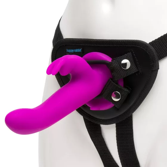 Happyrabbit Strap-On - králičí nasazovací vibrátor s raménkem na klitoris (fialový)