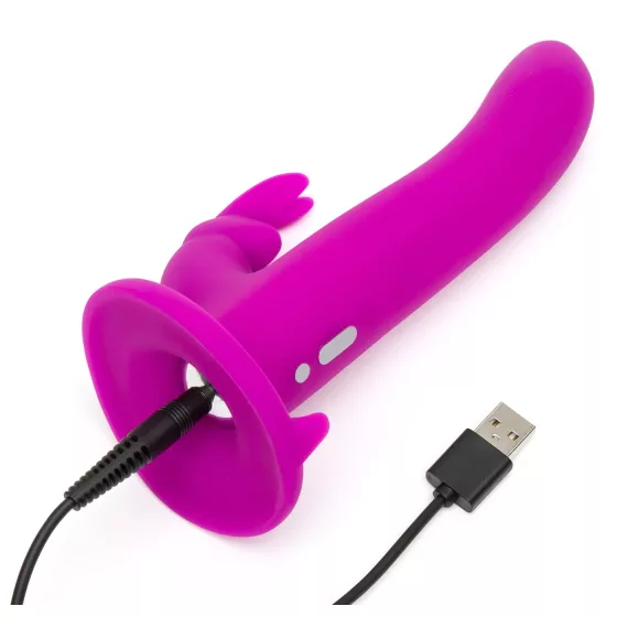 Happyrabbit Strap-On - králičí nasazovací vibrátor s raménkem na klitoris (fialový)