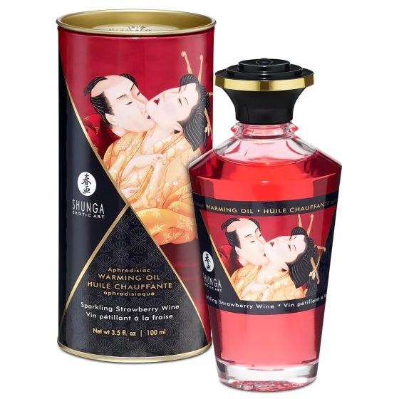 Shunga - hřejivý masážní olej - šampaňské a jahoda (100 ml)