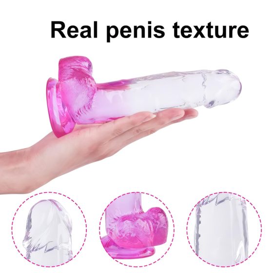 Sunfo - přísavkový, varlatý dildo - 22 cm (průhledný-fialový)