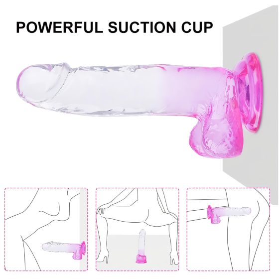 Sunfo - přísavkový, varlatý dildo - 22 cm (průhledný-fialový)