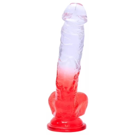 Sunfo - dildo s přísavkou a varlaty - 21 cm - čirý červený