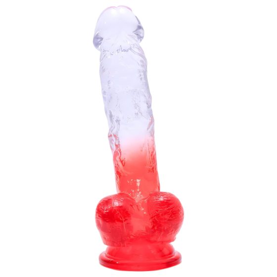 Sunfo - přísavkový dildo s varlaty - 21cm (průhledný-červený)