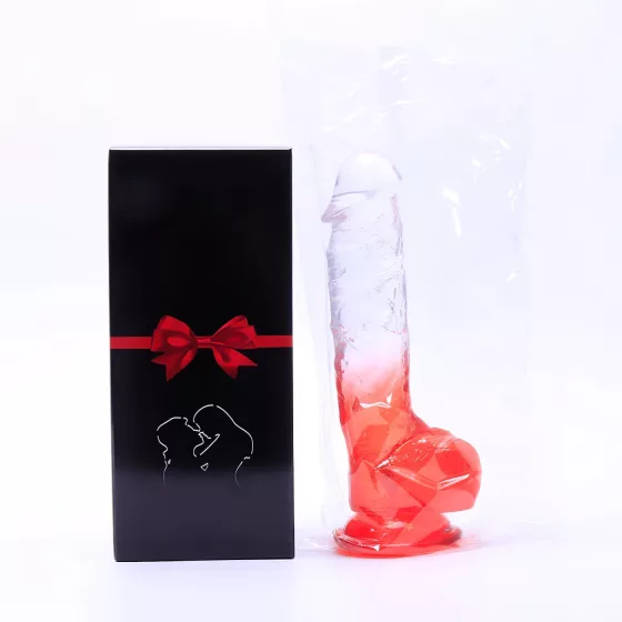 Sunfo - dildo s přísavkou a varlaty - 21 cm - čirý červený