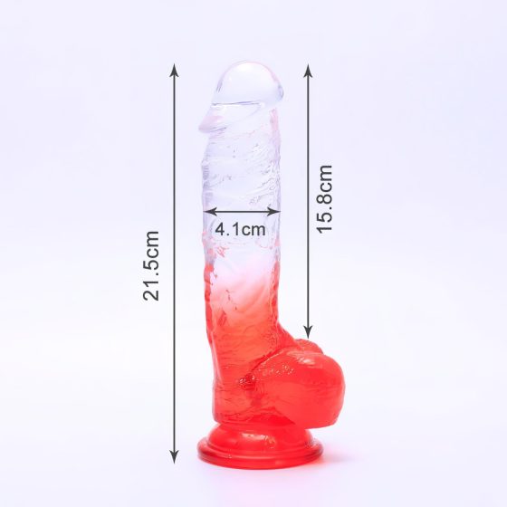 Sunfo - přísavkový dildo s varlaty - 21cm (průhledný-červený)