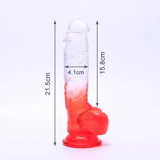 Sunfo - dildo s přísavkou a varlaty - 21 cm - čirý červený
