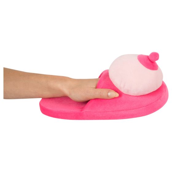 Růžové plyšové pantofle - ve tvaru prsou