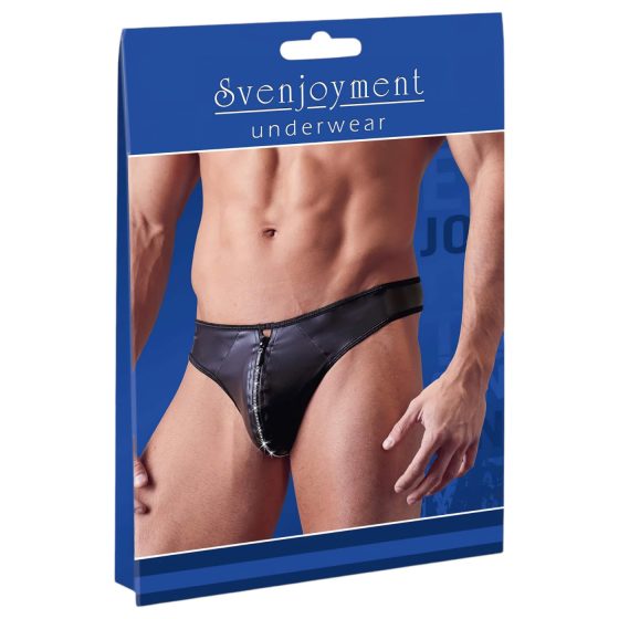 Svenjoyment - lesklé pánské tanga se zipem a štrasovými kamínky (černé)