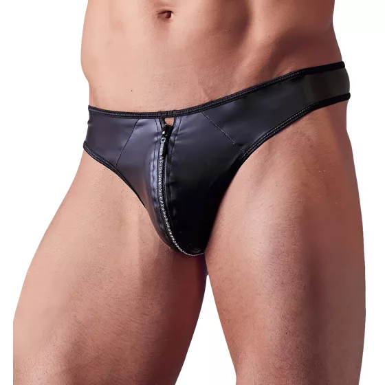 Svenjoyment - pánské lesklé tanga s kamínky a zipem - černé - M
