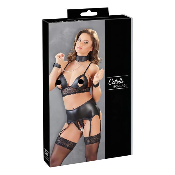 Cottelli Bondage - krajková lesklá souprava spodního prádla (4-dílná)