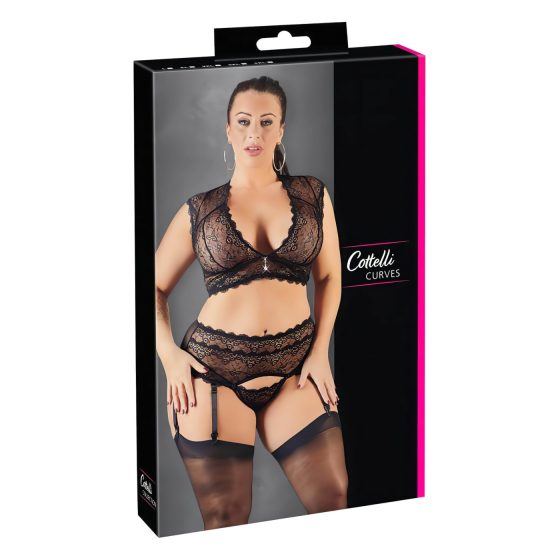 Cottelli Plus Size - třpytivá krajková souprava spodního prádla (černá)
