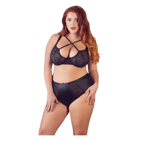 / Cottelli Plus Size - křížově páskovaná podprsenka a kalhotky (černé)