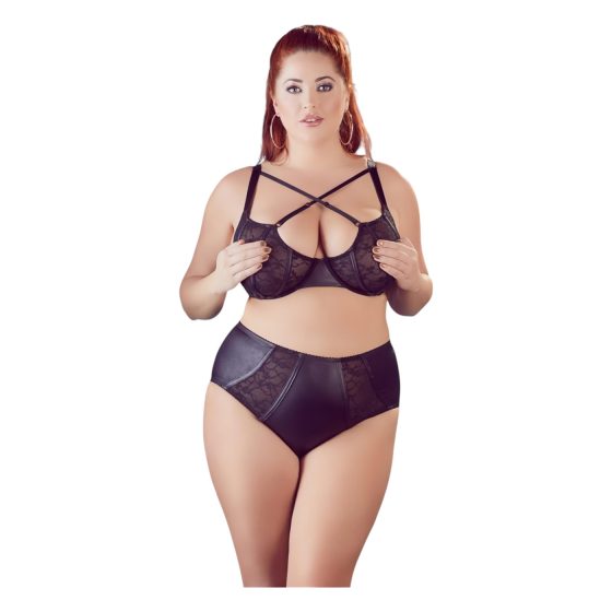 / Cottelli Plus Size - křížově páskovaná podprsenka a kalhotky (černé)